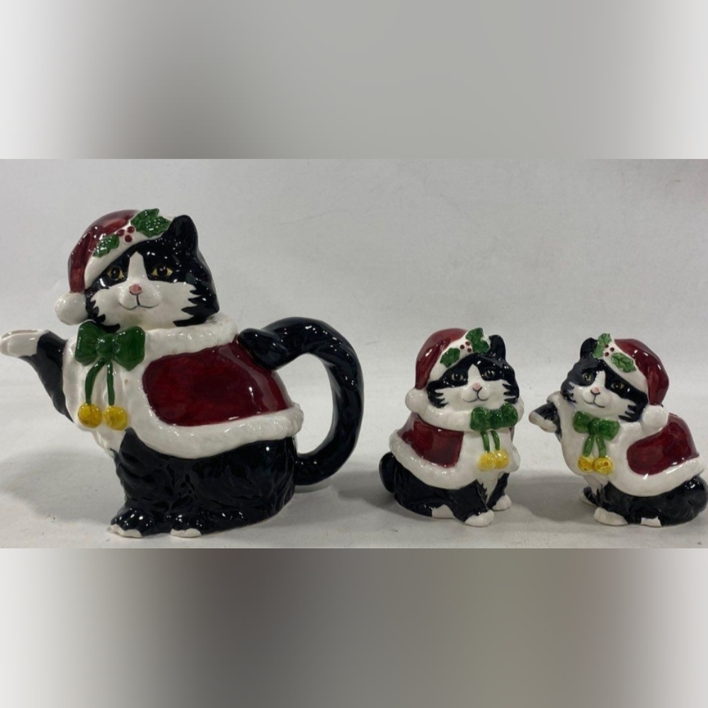 Cindy Sugawara Otagiri Japan Christmas Cat Ceramic Teapot Set